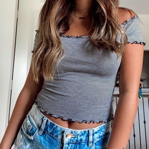 Off the shoulder navy and white striped top